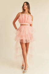MABLE Tulle Tube Ruffle Crop Top and High Low Maxi Skirt Set OutfitFlow