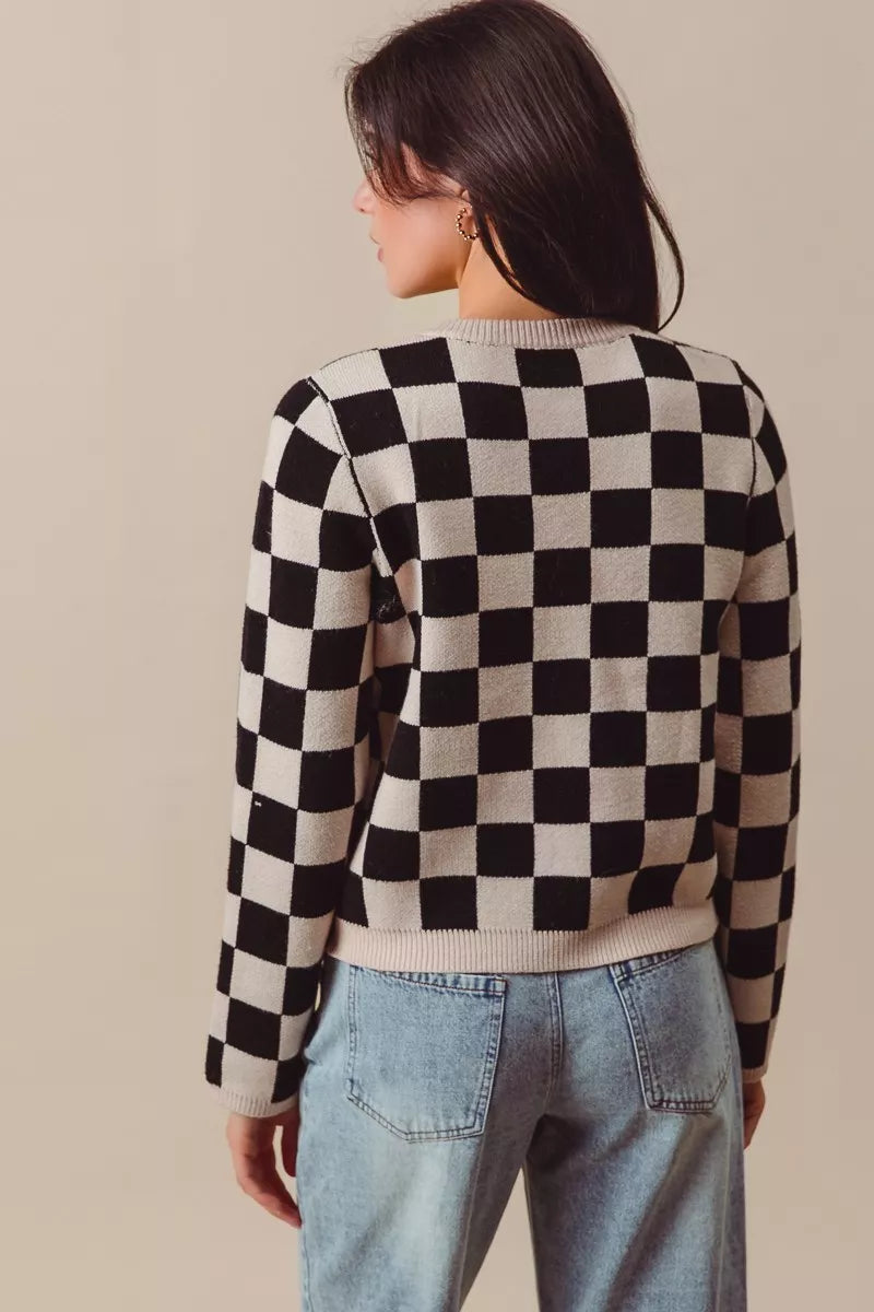 SO ME Tie Front Checkered Knitted Round Neck Cardigan Trendsi