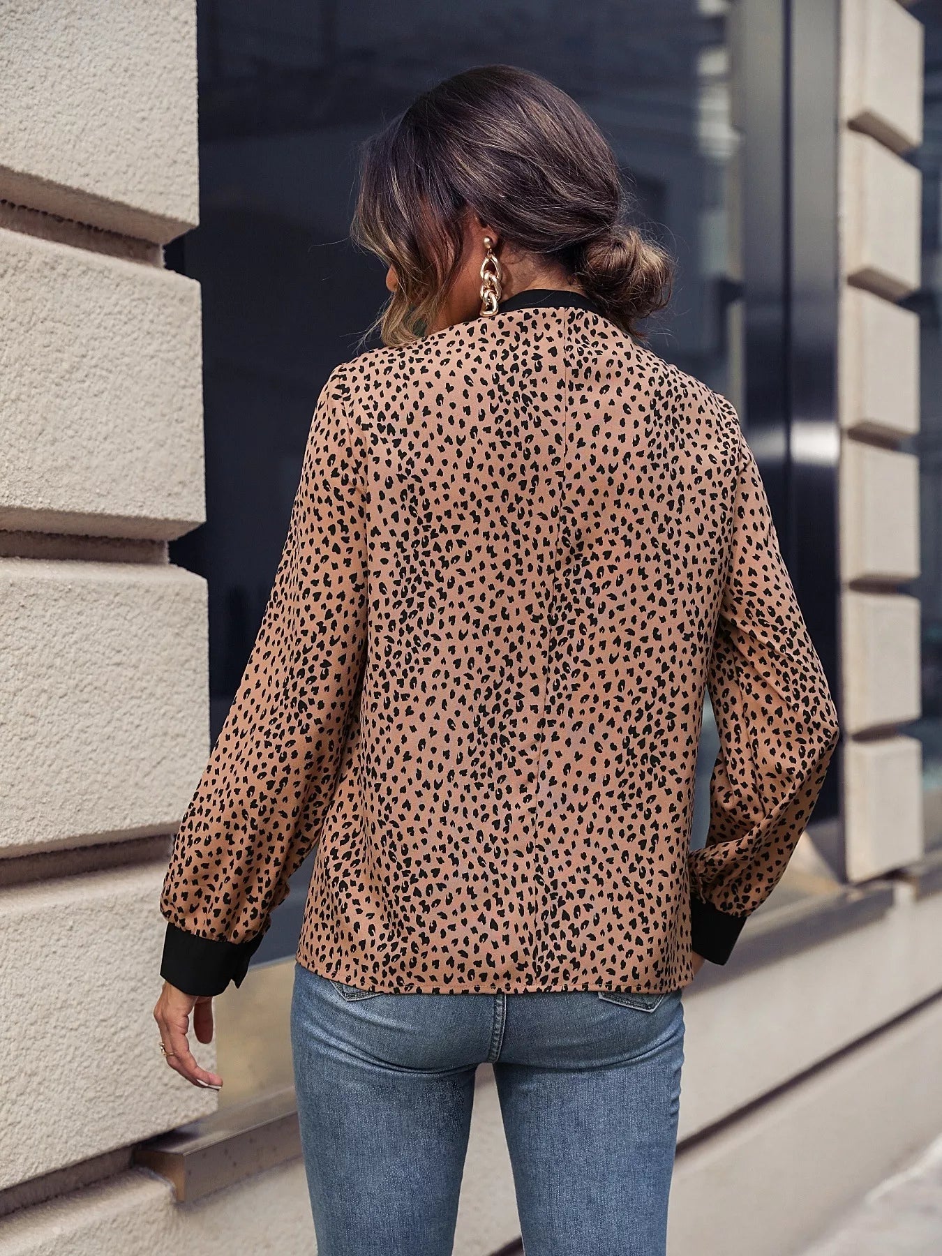 Animal Print Contrast Trim Tie Front Blouse OutfitFlow