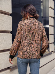 Animal Print Contrast Trim Tie Front Blouse OutfitFlow