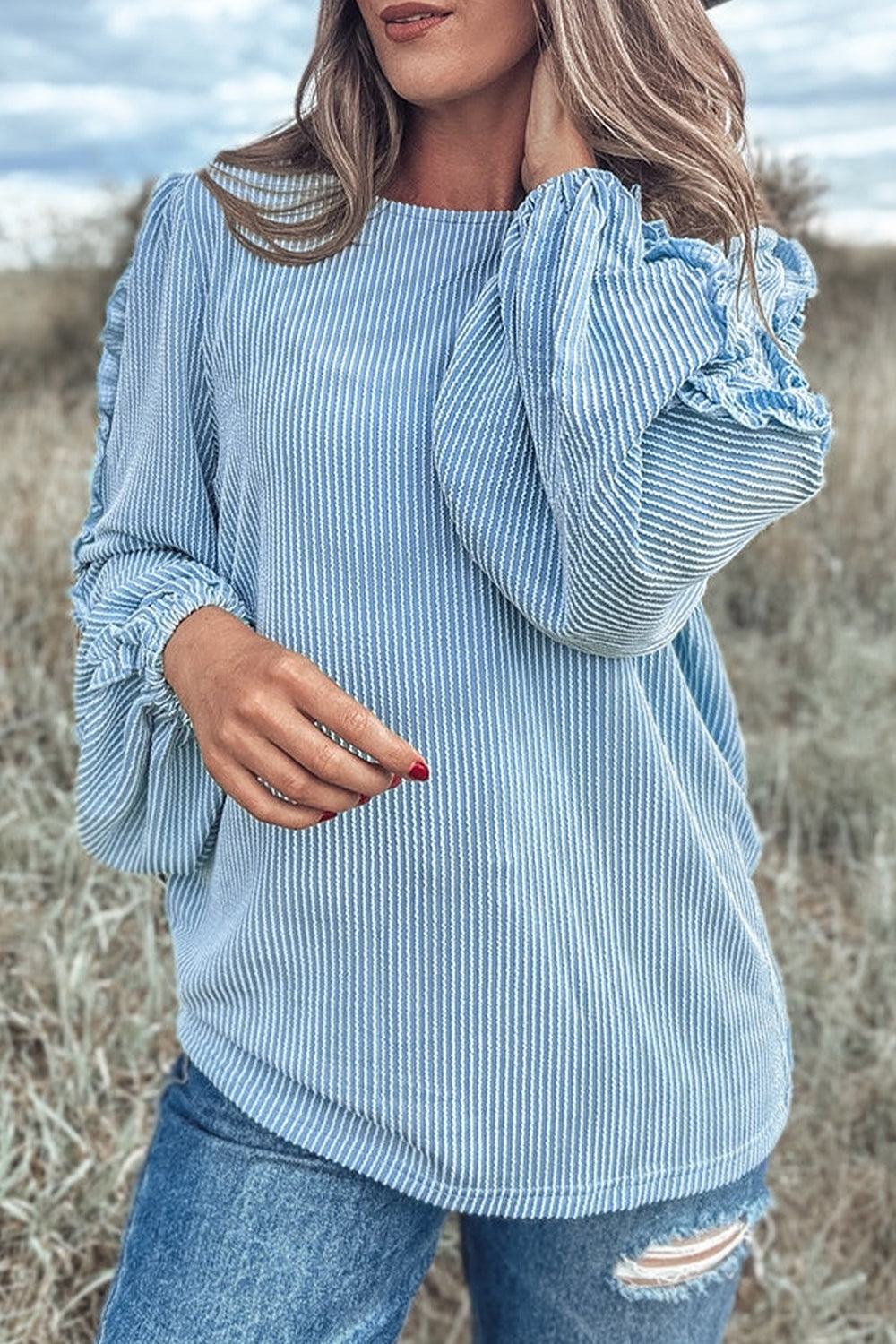 Outfit Flow - Frill Texture Round Neck Long Sleeve Sweatshirt