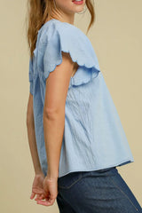 Solid Color Embroidered Scalloped Sleeves Crew Neck Blouse OutfitFlow