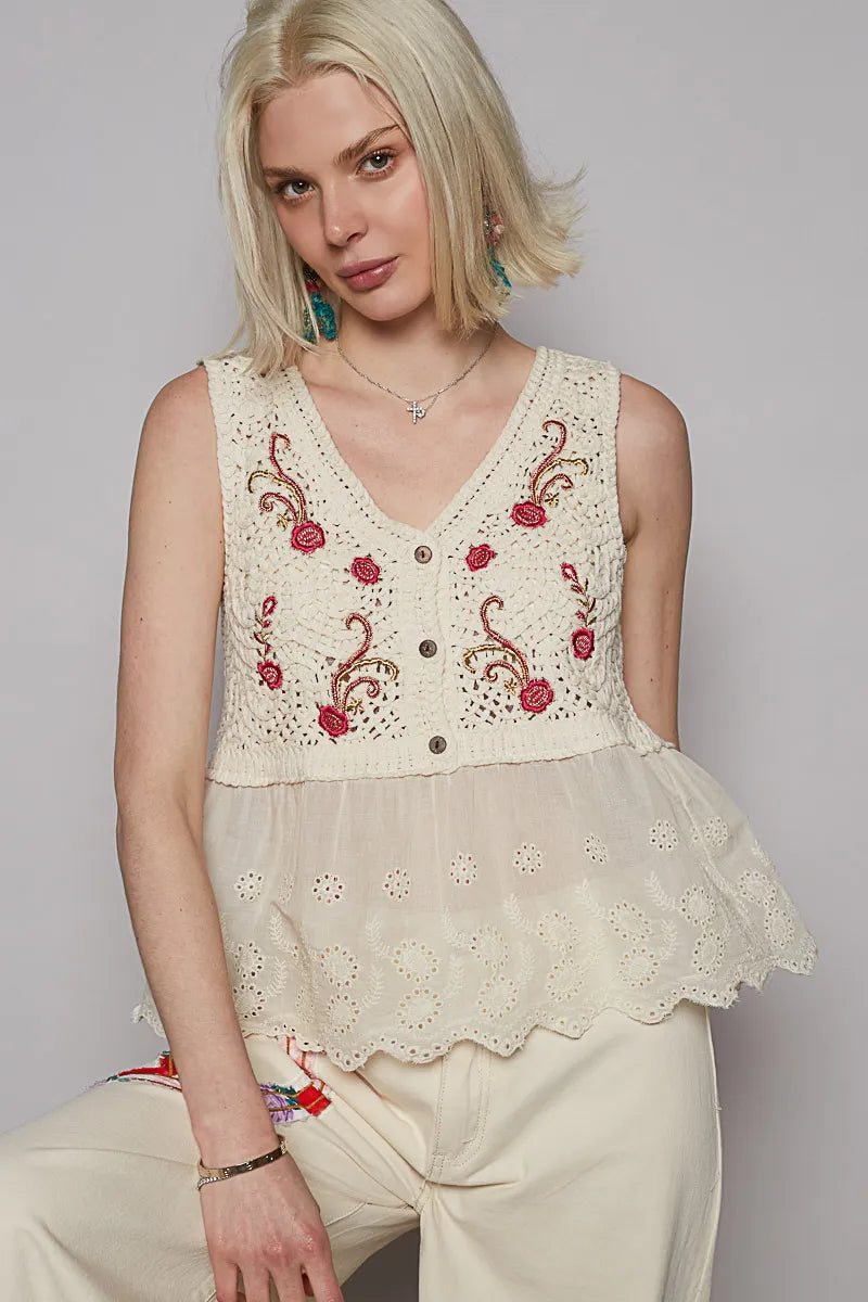 POL Embroidered Detail V-Neck Eyelet Peplum Tank Cream One Size OutfitFlow