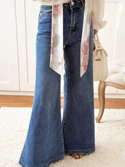 High Waist Button Zip Flare Leg Jeans OutfitFlow