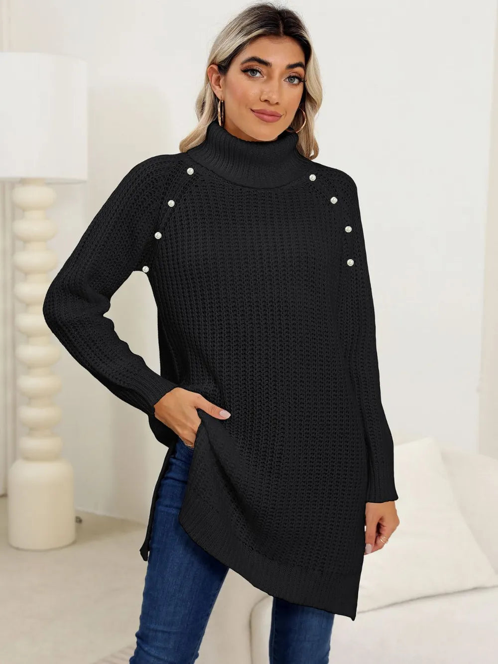 Slit Turtleneck Long Sleeve Sweater OutfitFlow