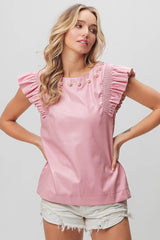 BiBi Leather Smocked Ruffled Top OutfitFlow