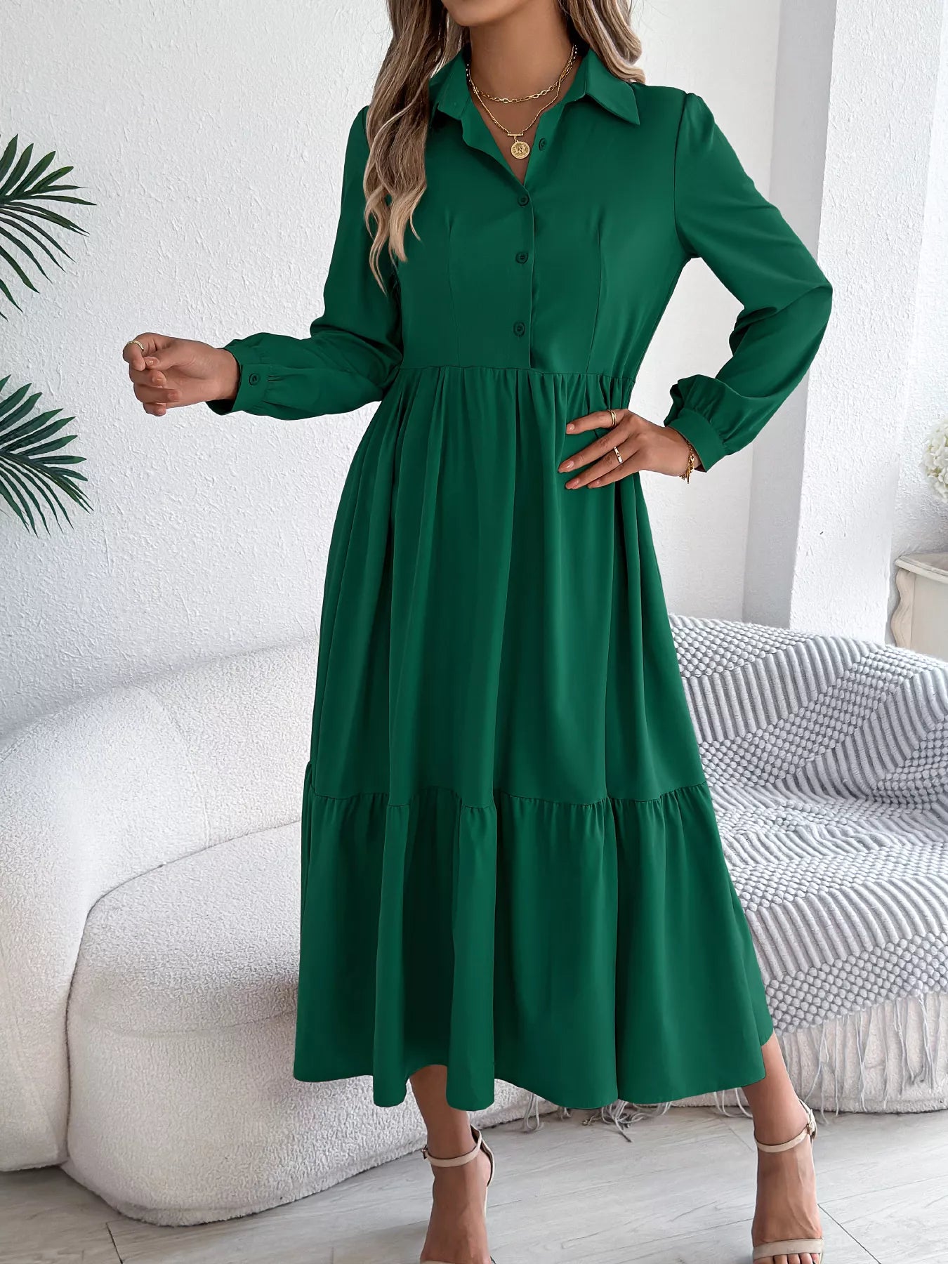 Long Sleeve Tiered Button Front Midi Dress OutfitFlow