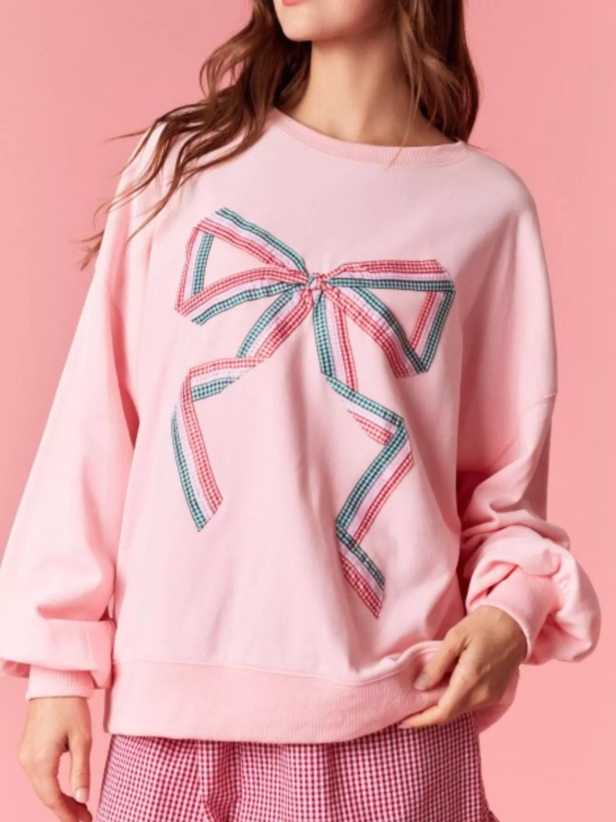 Bow Crew Neck Sweatshirt Pink OutfitFlow