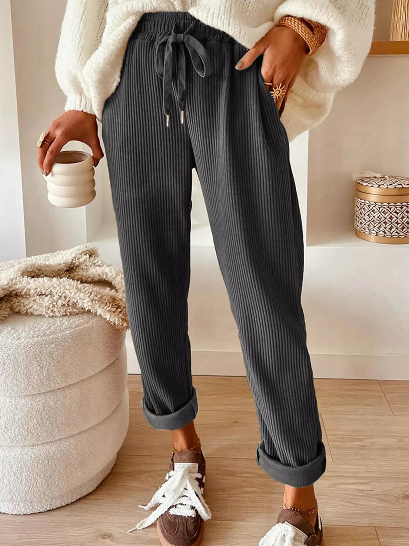 Casual Corduroy Drawstring Waist Pants Gray OutfitFlow