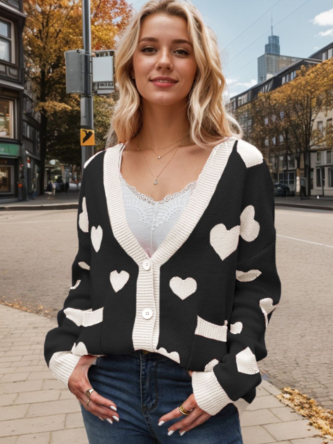 Heart Button Up Dropped Shoulder Long Sleeve Cardigan