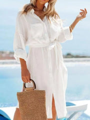 Button Down Tie Waist Shirt Dress OutfitFlow