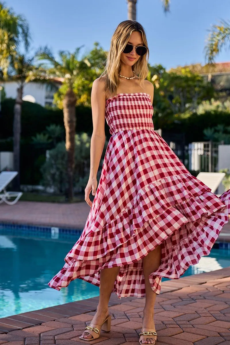BiBi Smocked Body Off Shoulder Check Dress OutfitFlow