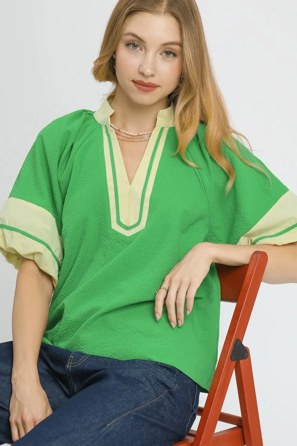Umgee Contrast Trim Notched Puff Sleeve Blouse OutfitFlow
