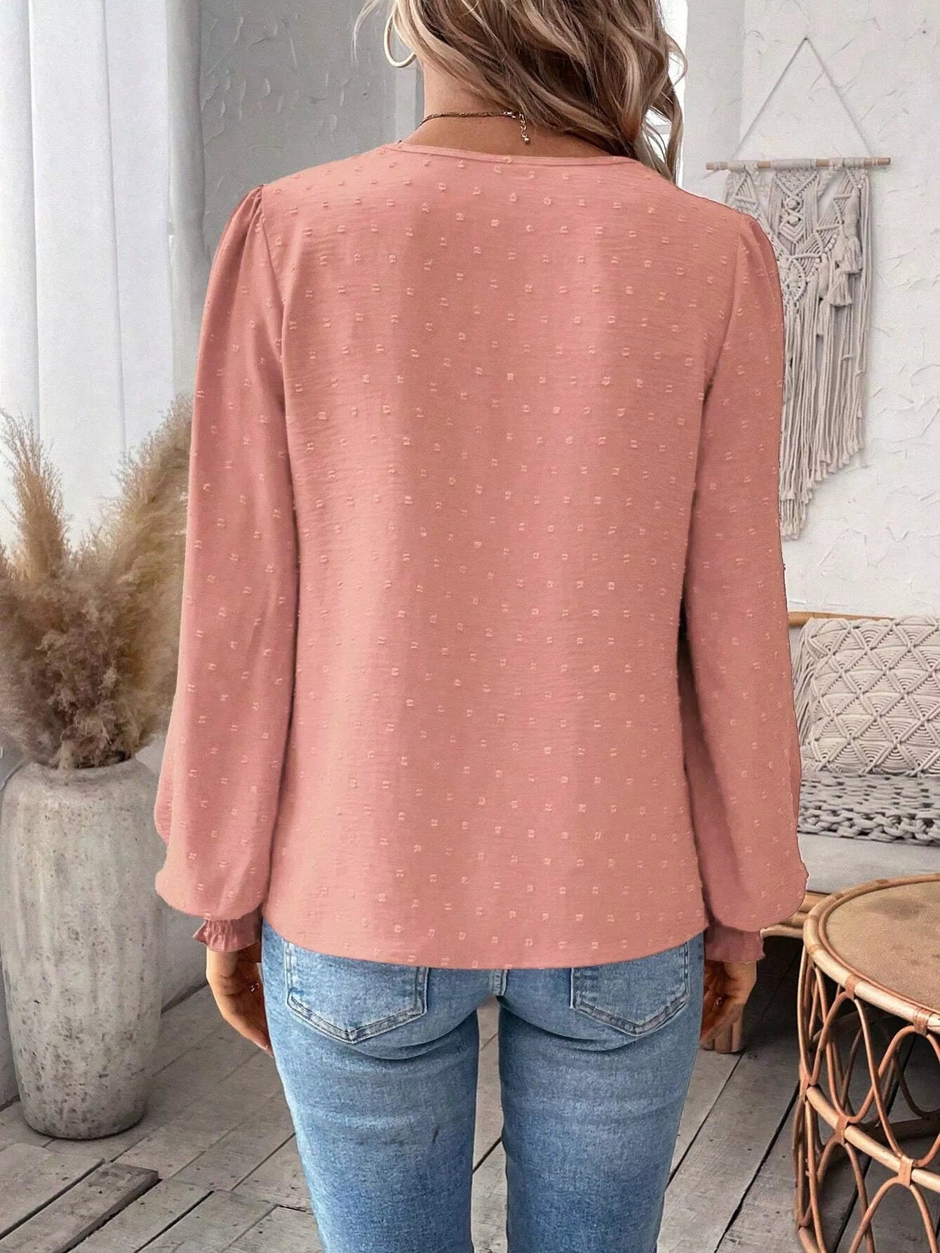 Swiss Dot Lace Detail Long Sleeve Blouse OutfitFlow