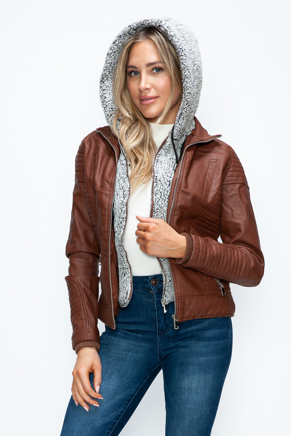 Outfit Flow - YMI Faux Layered Double-Zipper Jacket with Fuzzy Hood