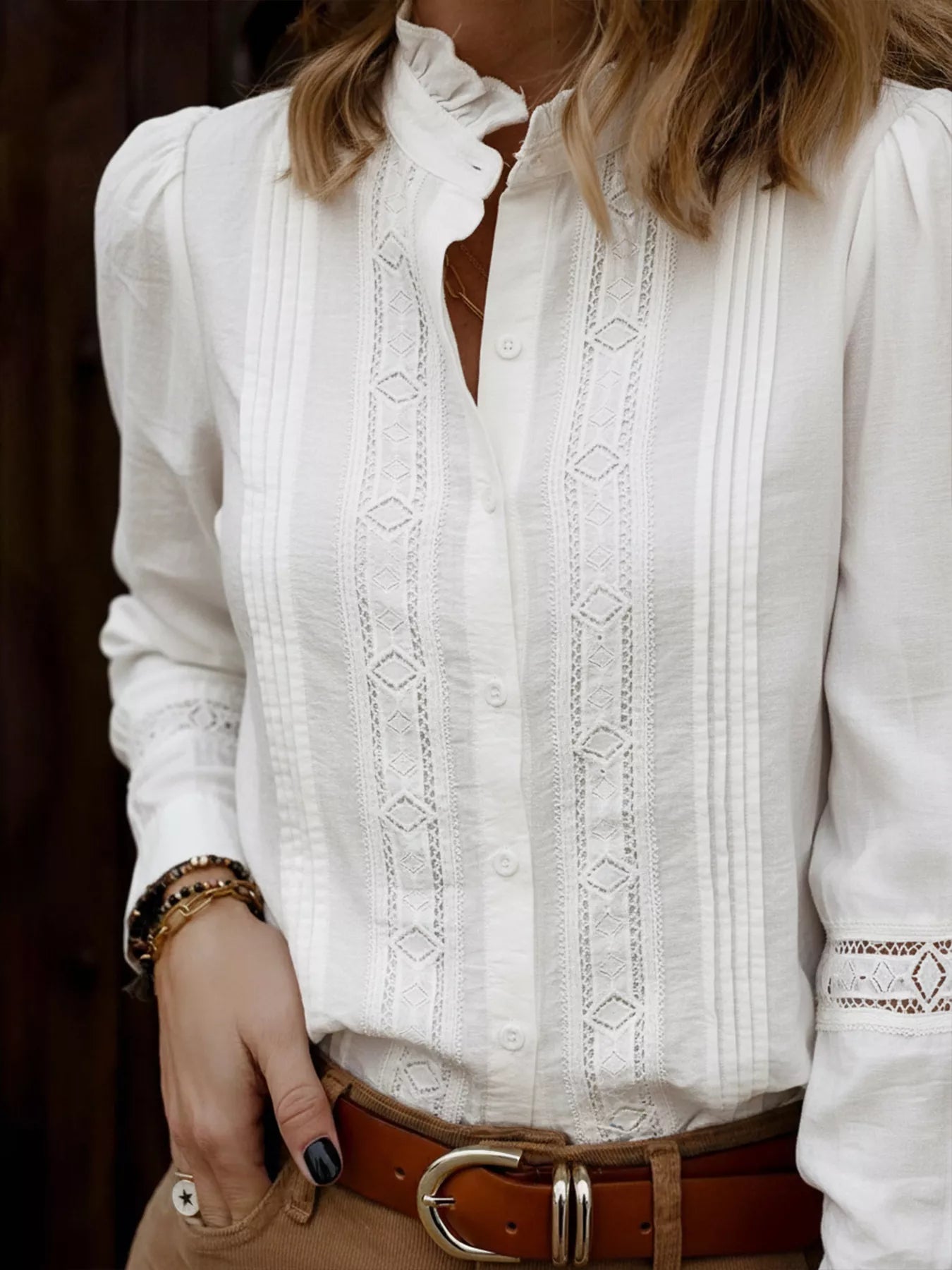 Lace Trim Long Sleeve Shirt OutfitFlow