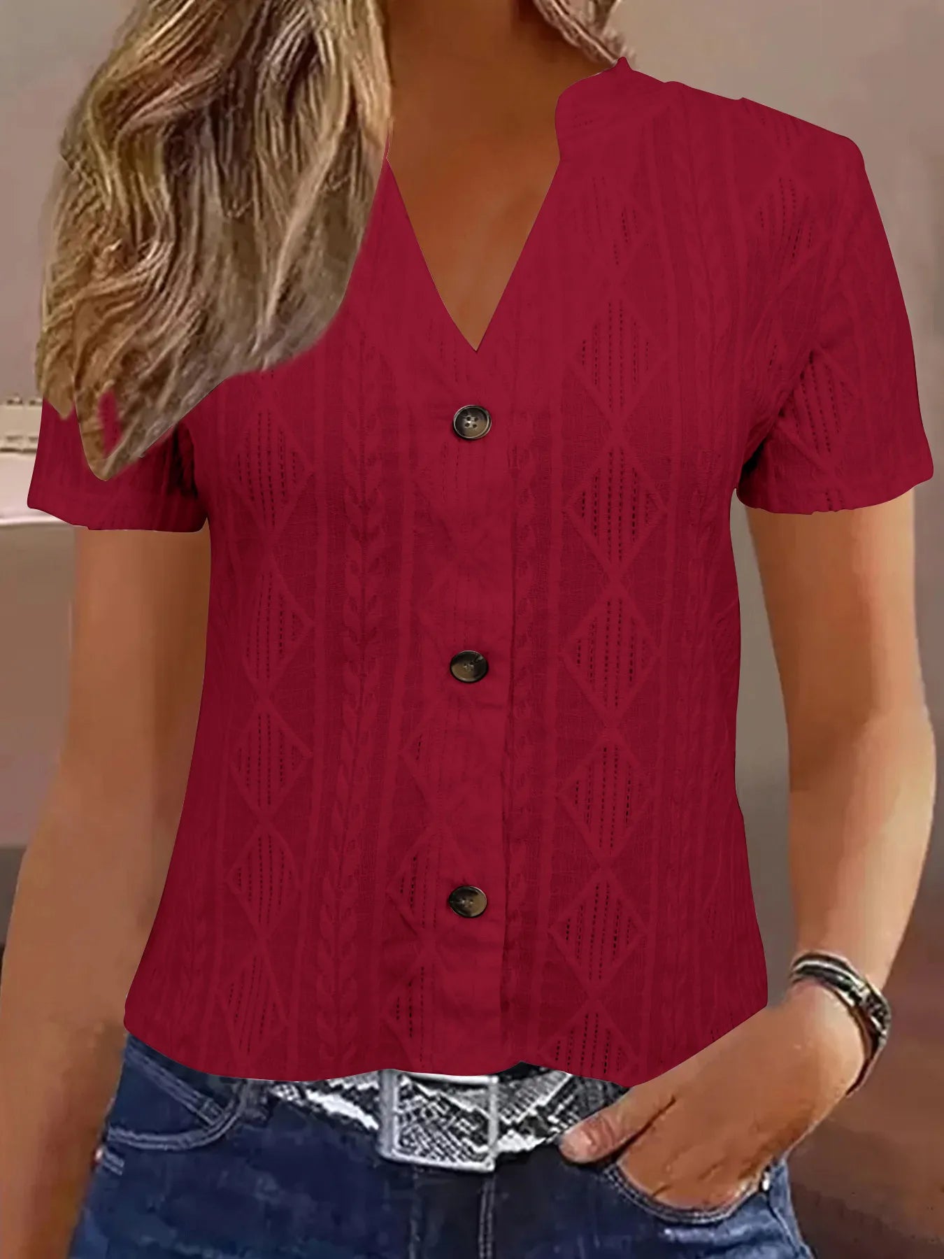 Textured Notched Short Sleeve Blouse Burgundy OutfitFlow