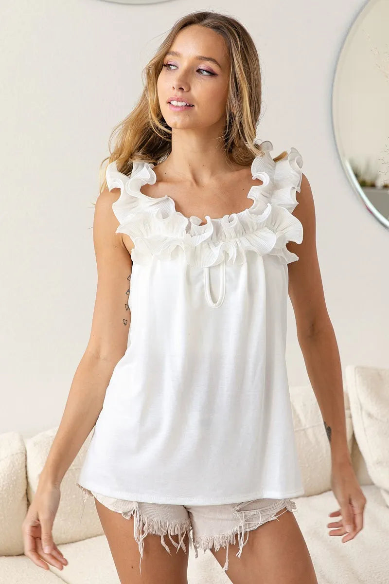 BiBi French Terry Knit Ruffled Trim Banded Top OutfitFlow