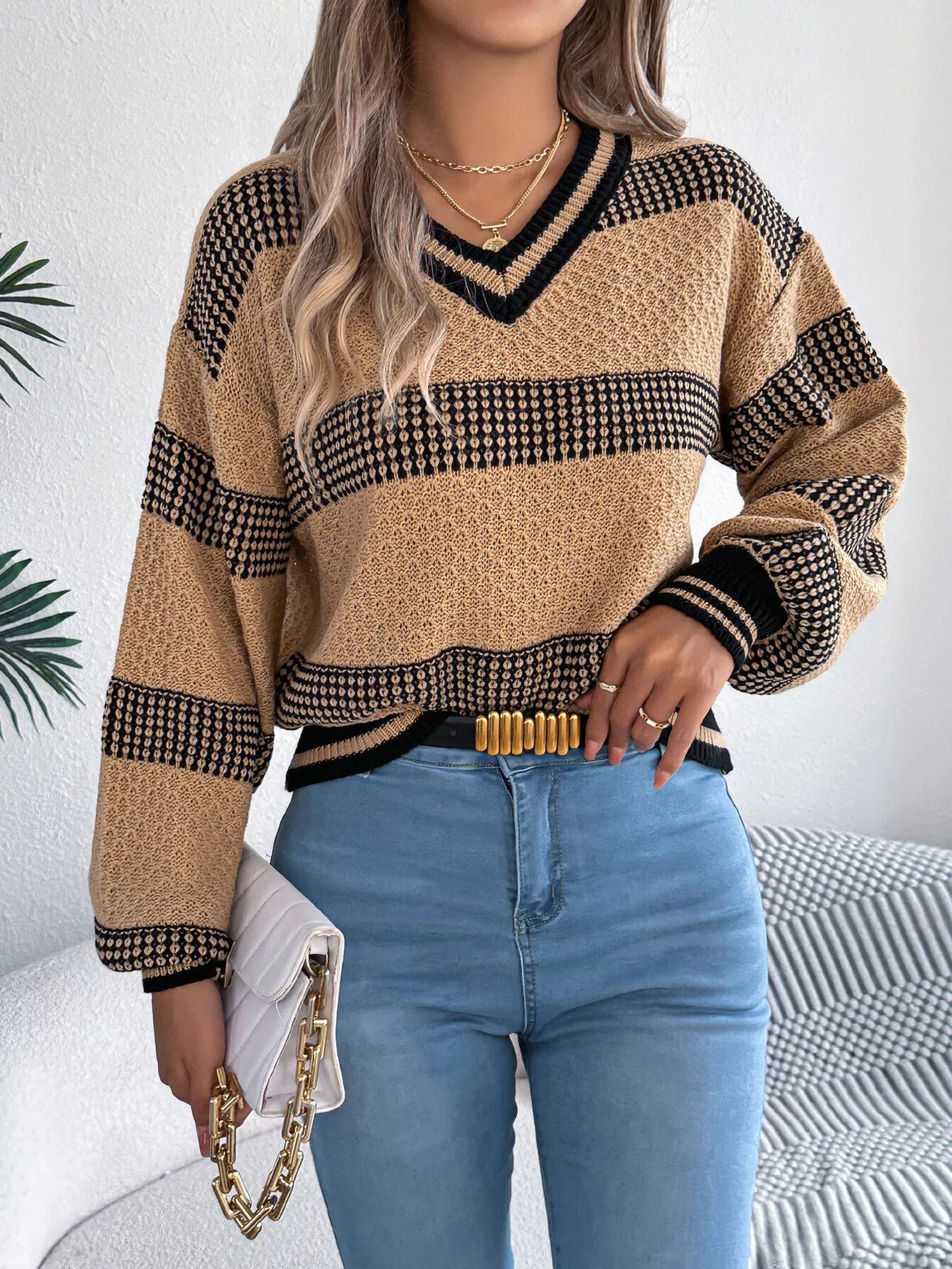 Contrast Striped V-Neck Sweater OutfitFlow