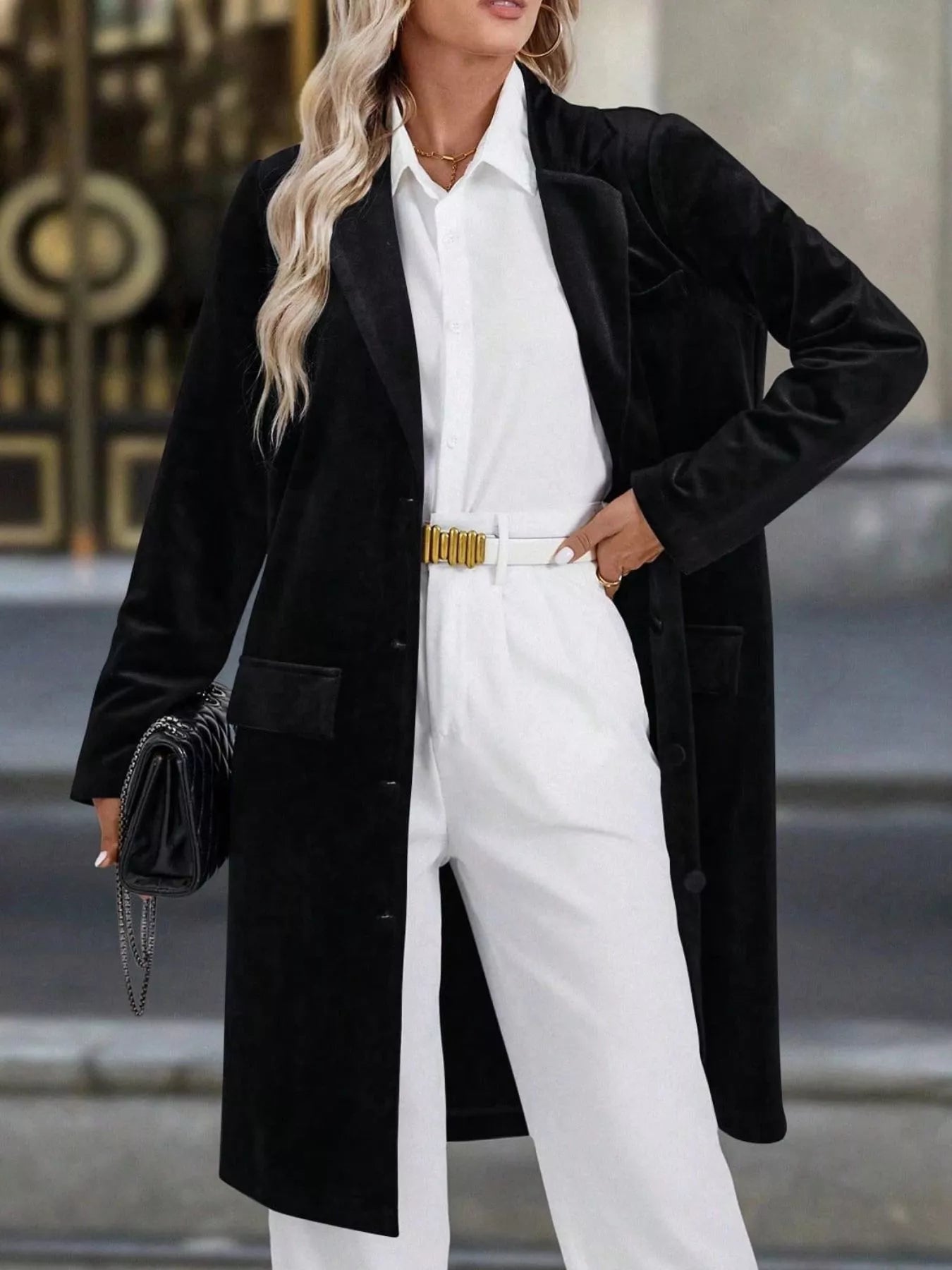 Lapel Collar Long Sleeve Longline Coat OutfitFlow