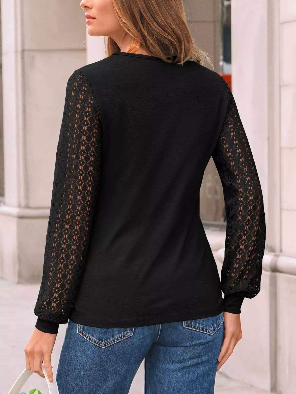 Lace Sleeve Crew Neck T-Shirt OutfitFlow