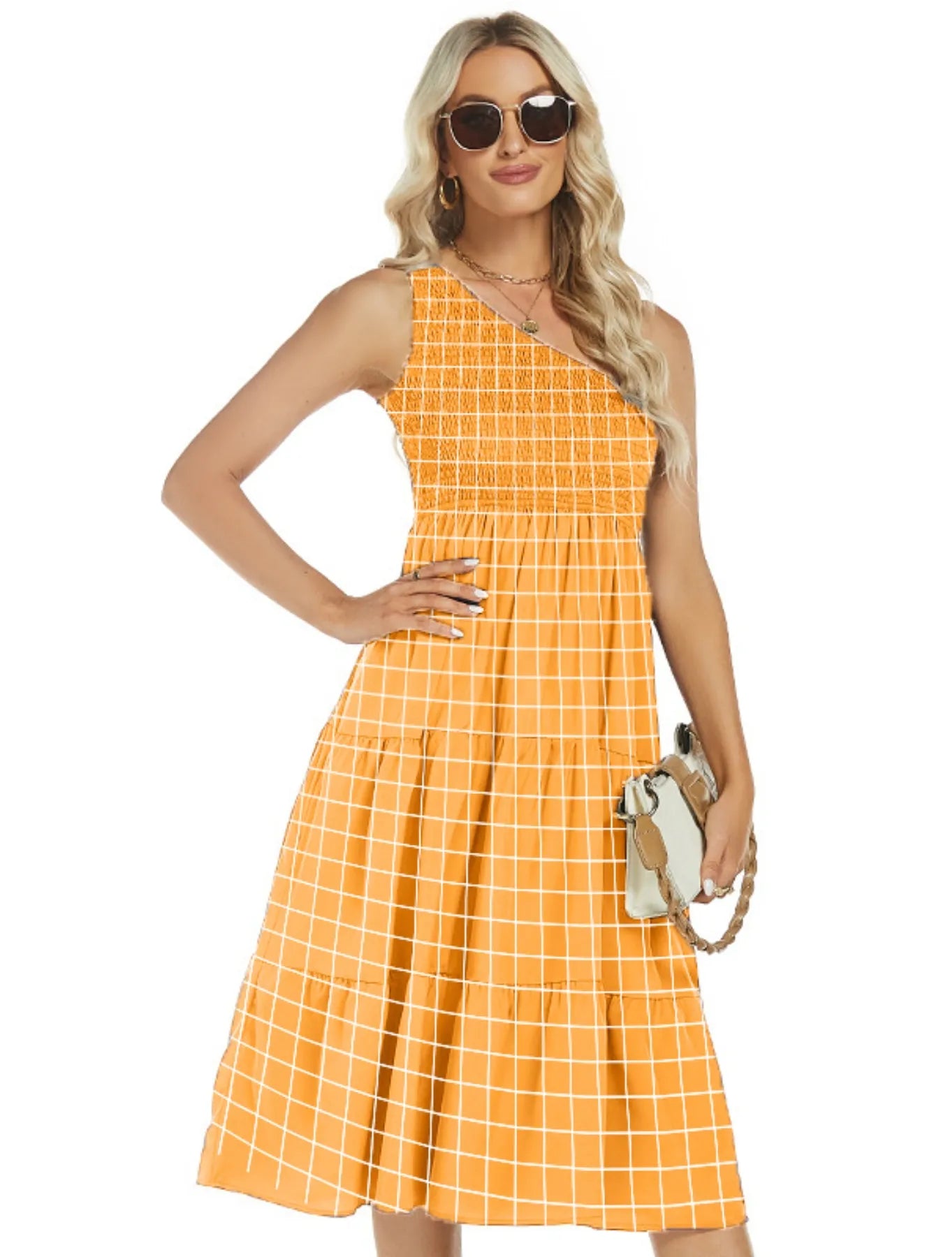 One-Shoulder Tiered Midi Dress with Smocked Bodice OutfitFlow