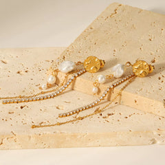18K Gold-Plated Zircon Pearl Chain Earrings OutfitFlow