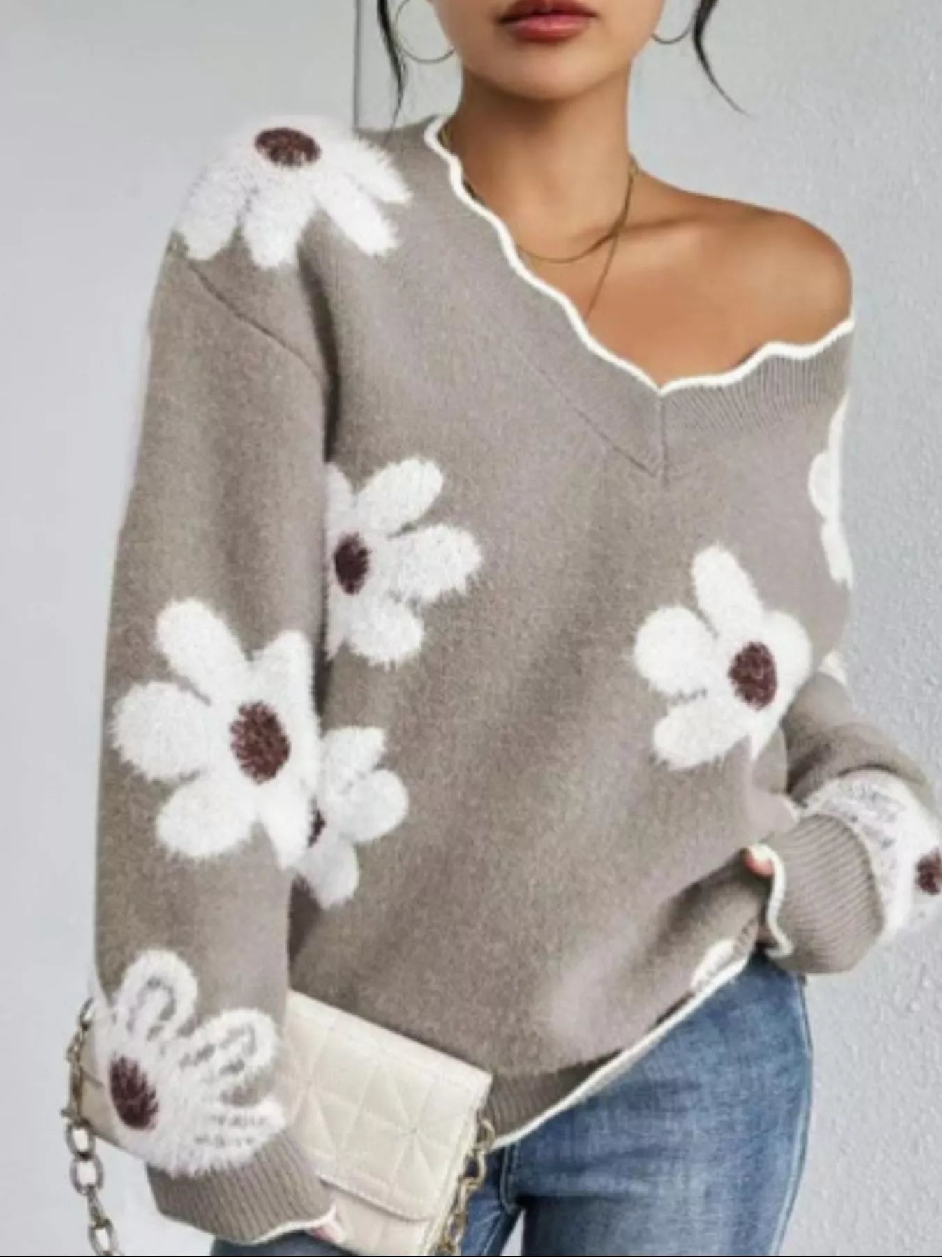 Floral V-Neck Long Sleeve Sweater Mocha OutfitFlow