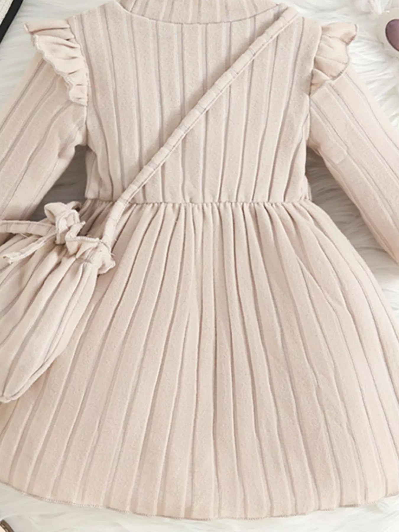 Children's Ribbed Knit Ruffle Trim Dress with Bag Trendsi