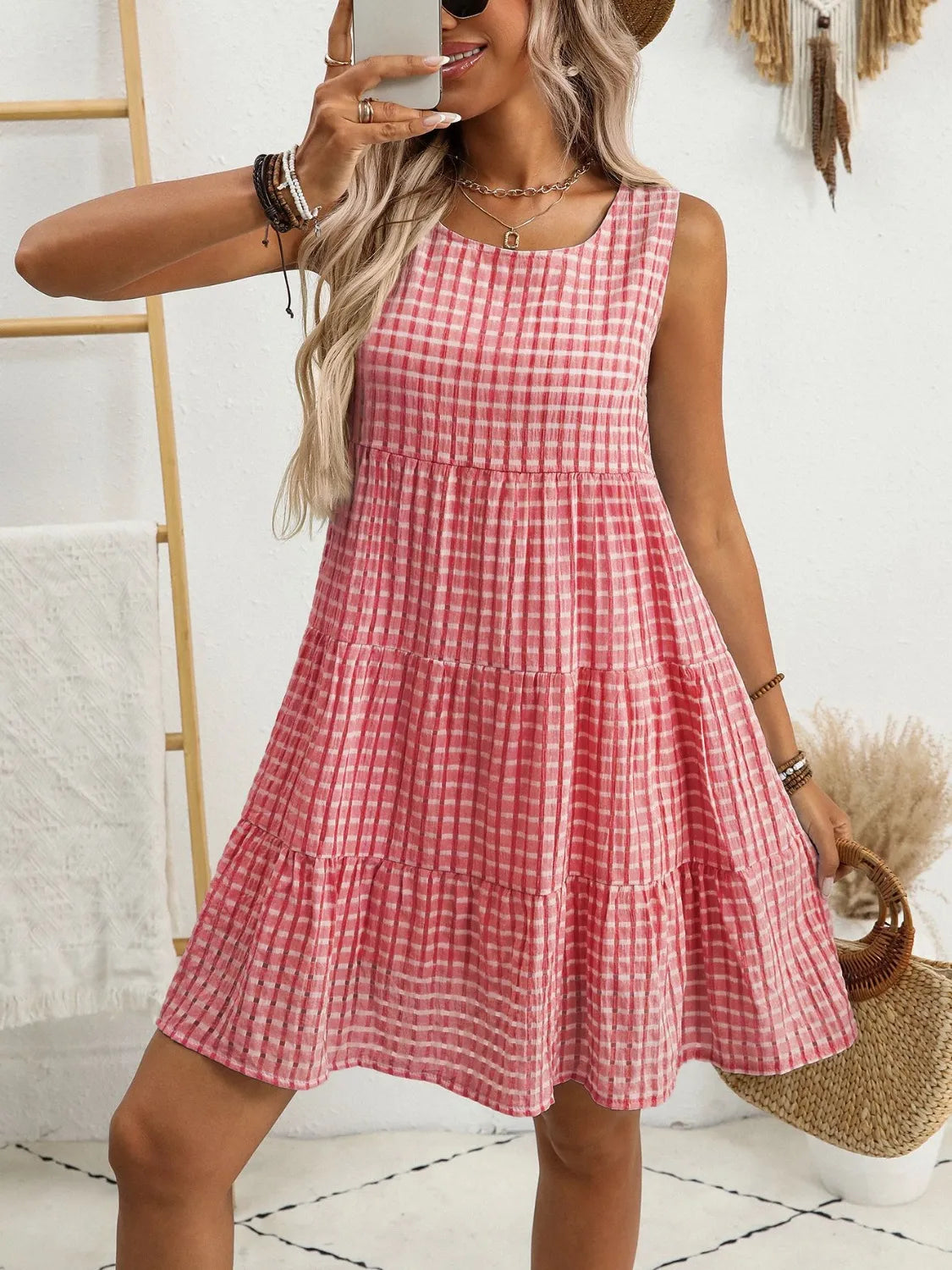 Plaid Round Neck Sleeveless Mini Dress Burnt Coral OutfitFlow
