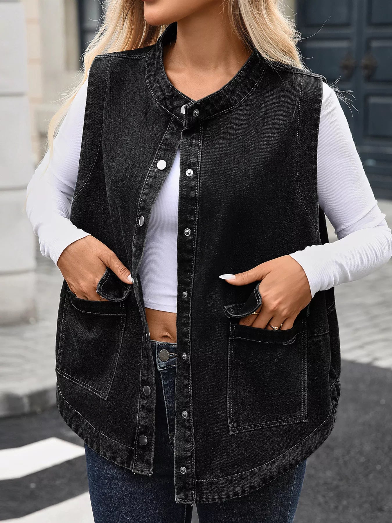 Snap Down Sleeveless Denim Jacket OutfitFlow
