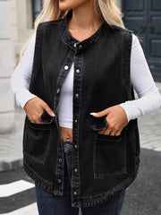 Snap Down Sleeveless Denim Jacket OutfitFlow