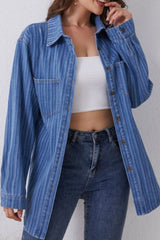 Striped Texture Collared Neck Denim Top