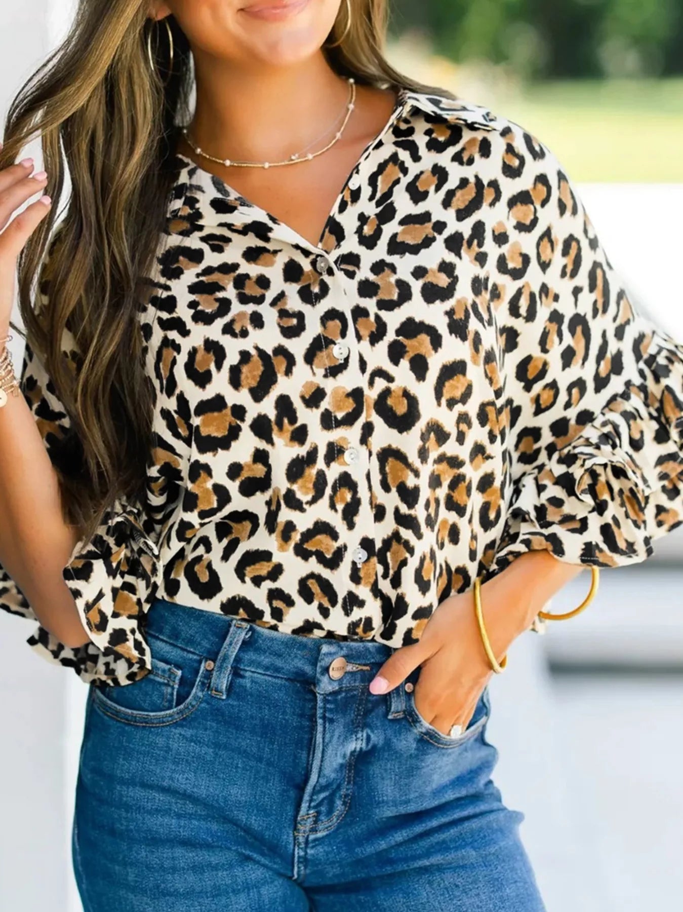 Leopard Print Ruffle Trim 3/4 Sleeve Loose Shirt Trendsi