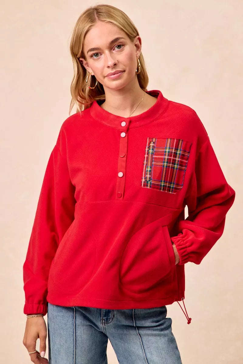BiBi Christmas Theme Fleece Buttoned Top with Pockets OutfitFlow