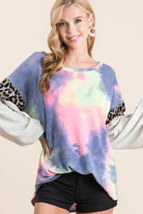 BiBi Tie Dye Terry Top with Contrast Puff Sleeves OutfitFlow