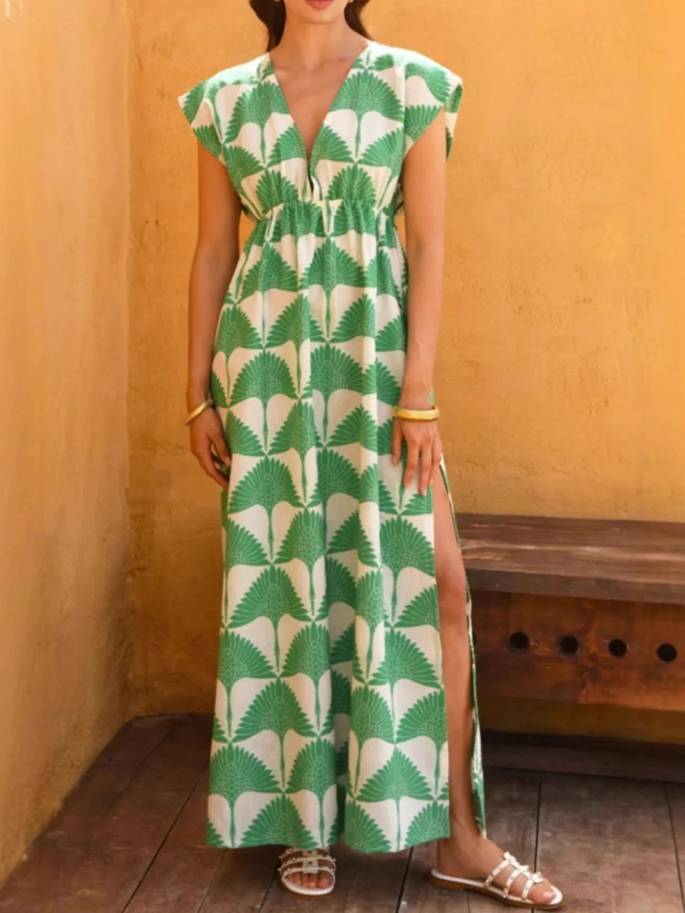 Slit Printed V-Neck Cap Sleeve Maxi Dress Green OutfitFlow