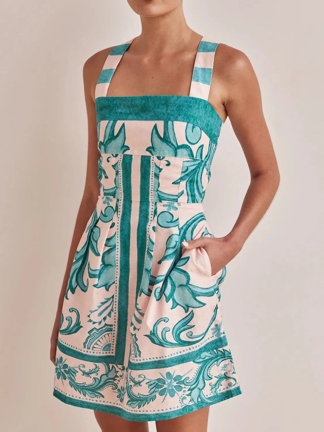 Printed Square Neck Midi Dress Turquoise OutfitFlow