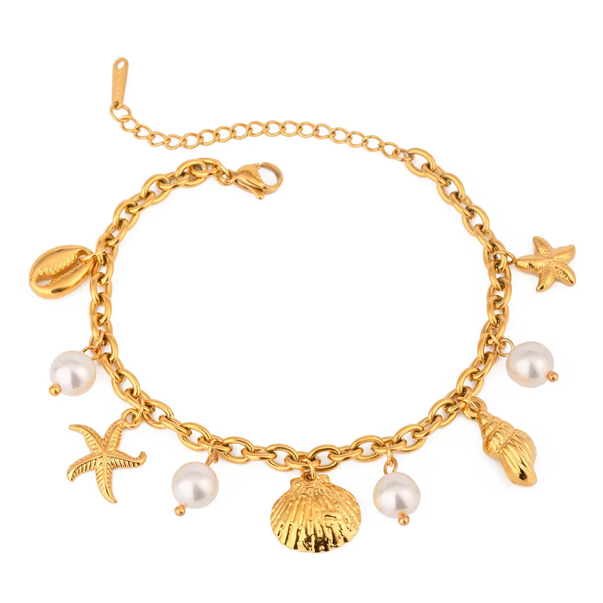 Ocean Theme Stainless Steel Chain Bracelet with Seashell and Starfish Pendants OutfitFlow