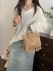 Drawstring Fringe Crochet Bag Khaki One Size OutfitFlow