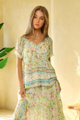 Davi & Dani Spring Floral Border Print Ruffled Textured Top OutfitFlow