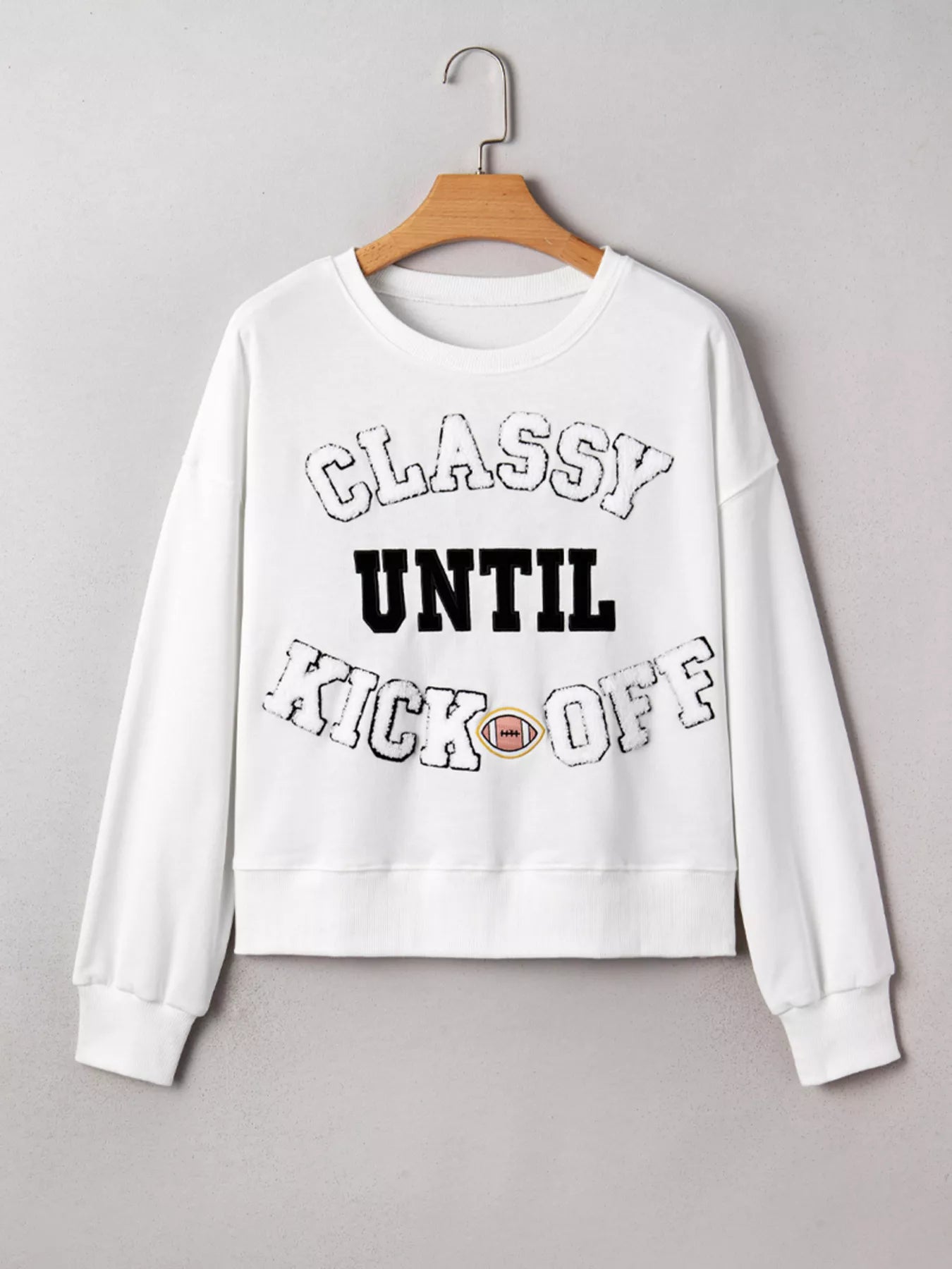 CLASSY UNTIL KICKOFF Plush Letter Patched Loose Sweatshirt OutfitFlow