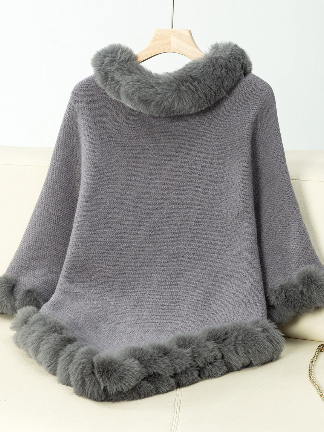 Outfit Flow - Fuzzy Trim Texture Three-Quarter Sleeve Poncho