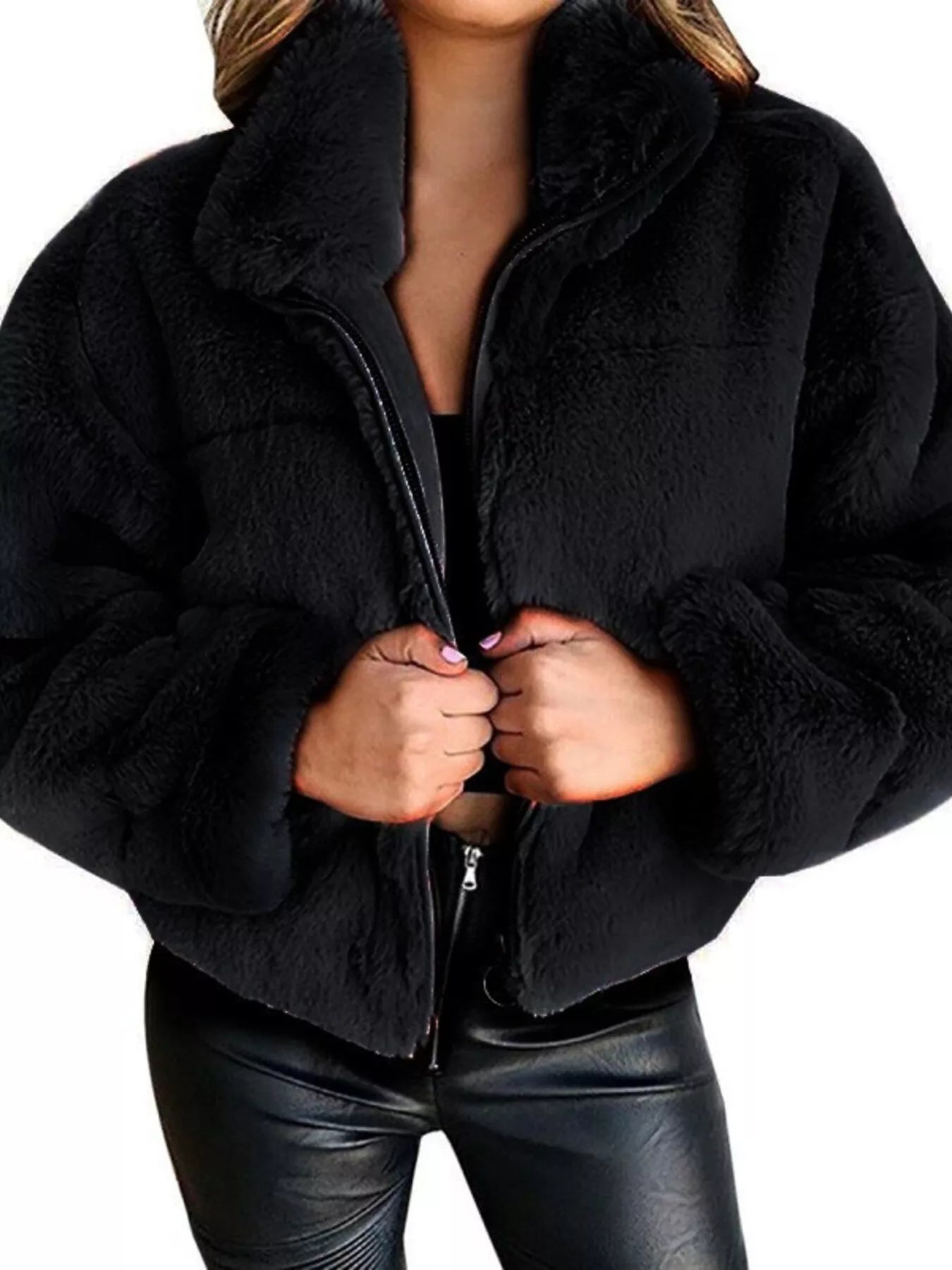 Full Size Faux Fur Cropped Zip-Up Jacket Plus Size Black Trendsi