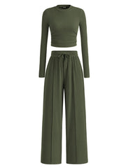 Round Neck Long Sleeve Top and Pants Set OutfitFlow