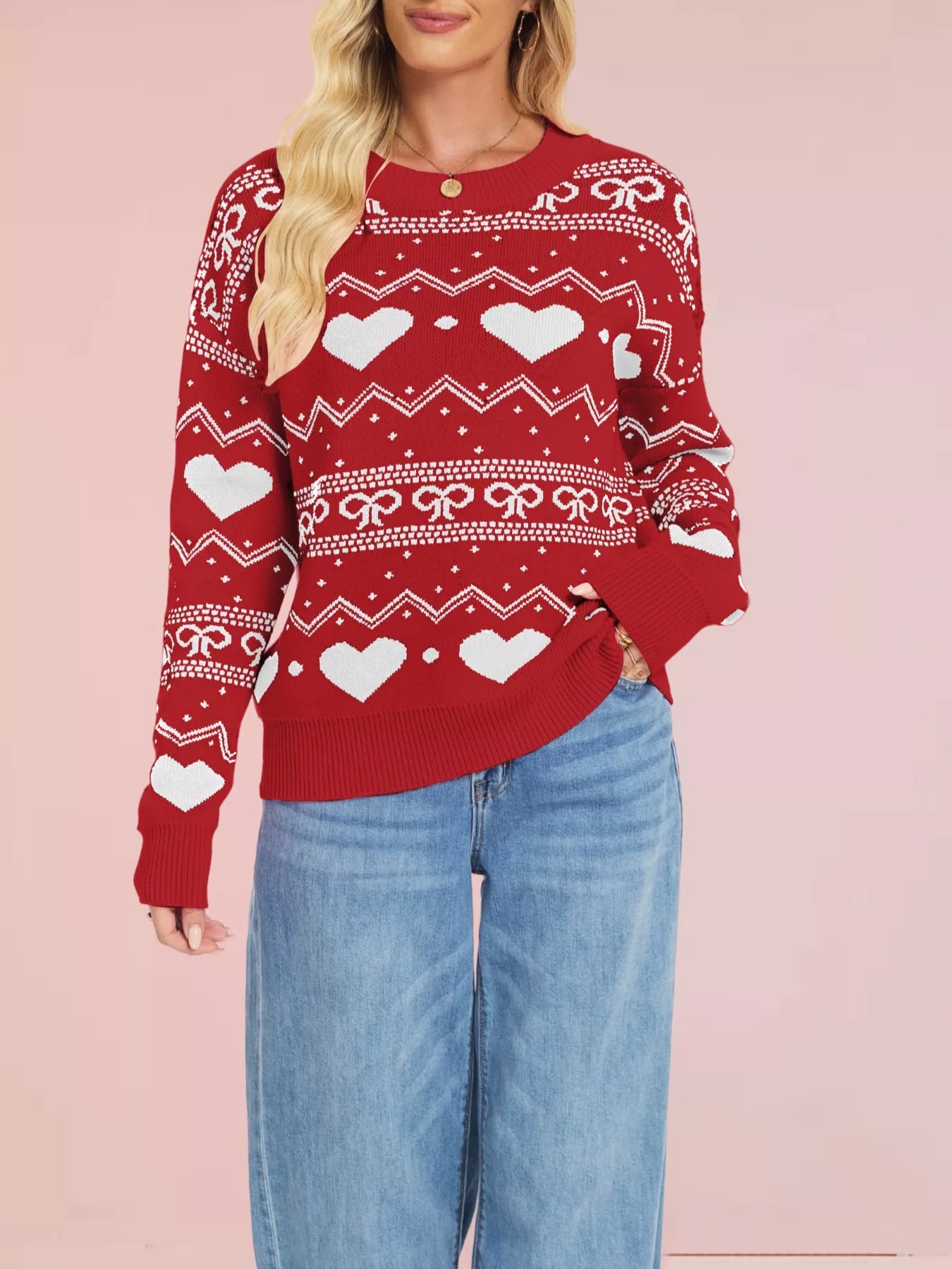 Heart & Bow Pattern Round Neck Sweater OutfitFlow