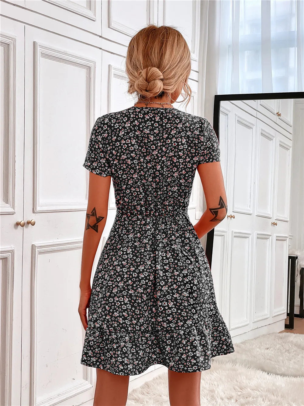 Printed Ruffled Hem V-Neck Short Sleeve Mini Dress OutfitFlow