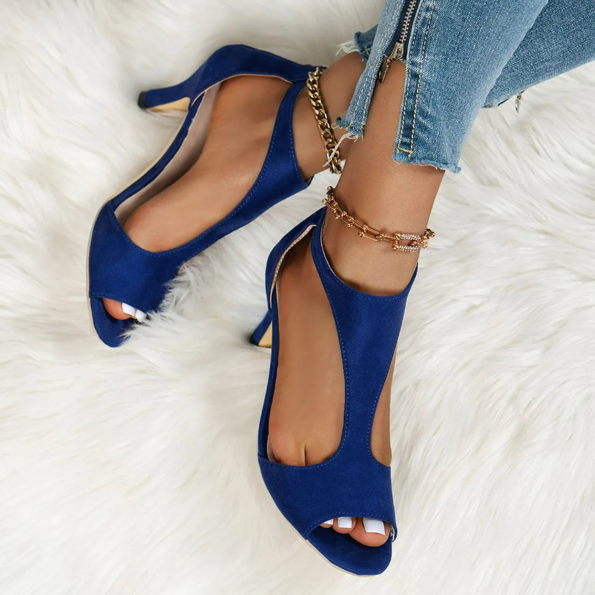 Peep Toe Block Heels Sandals Navy OutfitFlow