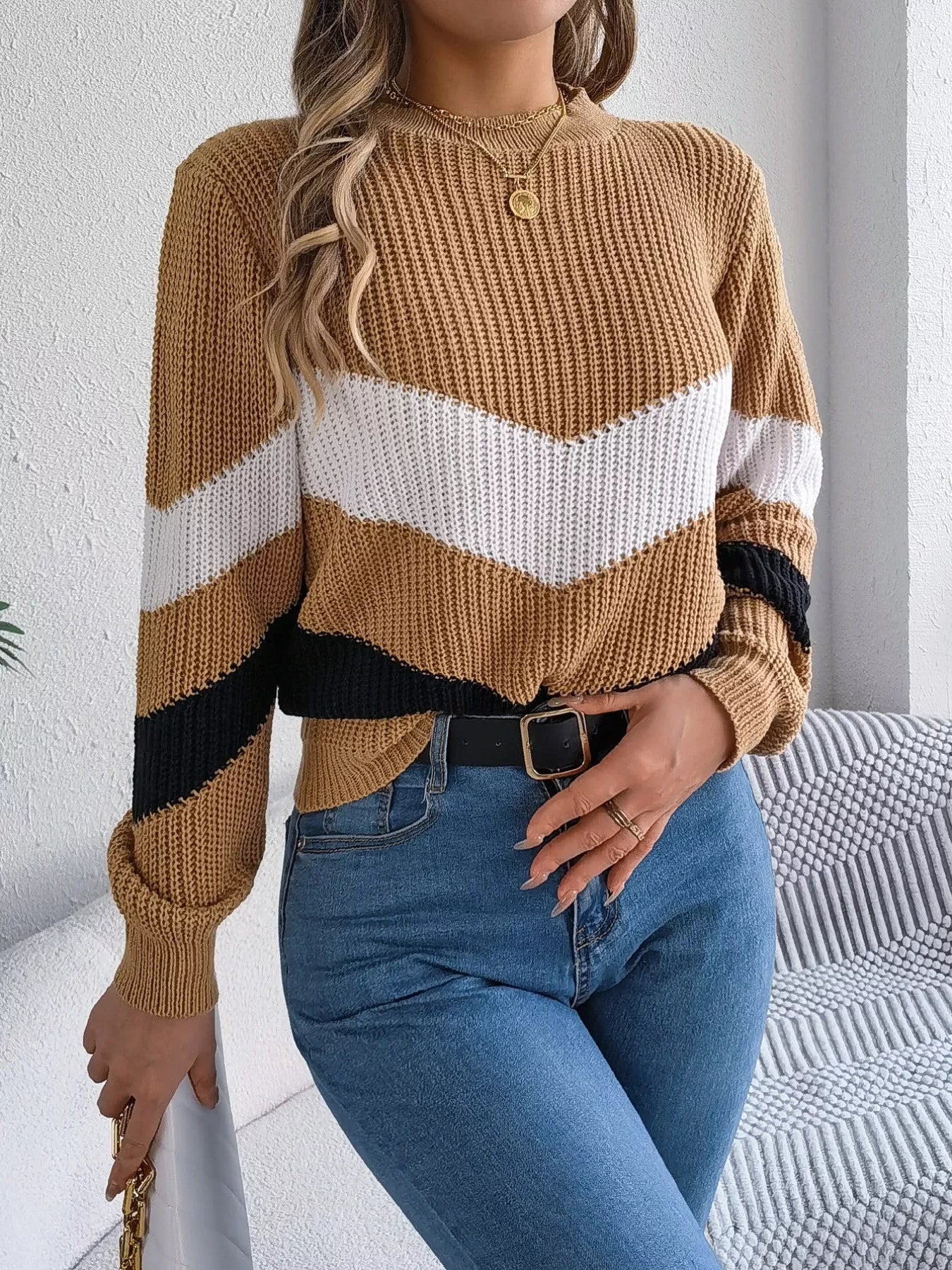 Chevron Stripe Color Block Round Neck Sweater OutfitFlow