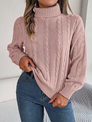 Cable-Knit Turtleneck Dropped Shoulder Sweater Dusty Pink Trendsi